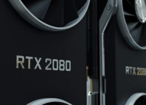 Modern graphics card installed in computer system showing technical hardware setup