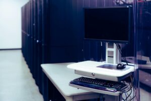 Server rack with networking equipment in data center
