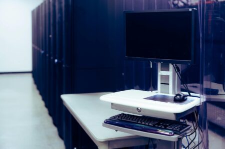 Server rack with networking equipment in data center