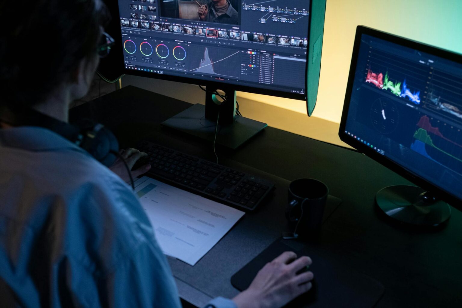 Professional video editing workstation with multiple monitors showing Premiere Pro interface