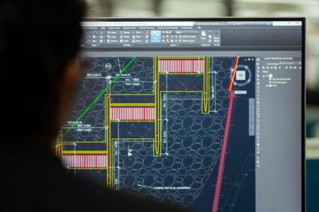 Designer working on interface mockups displayed on computer screen