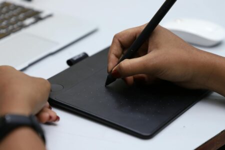 Modern tablet computer with digital stylus for creative work and digital art applications