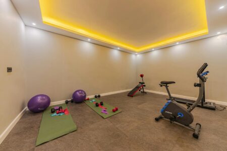 8 Best Smart Home Gym Equipment with AI Personal Training Modern home gym setup with smart fitness equipment and large display screen
