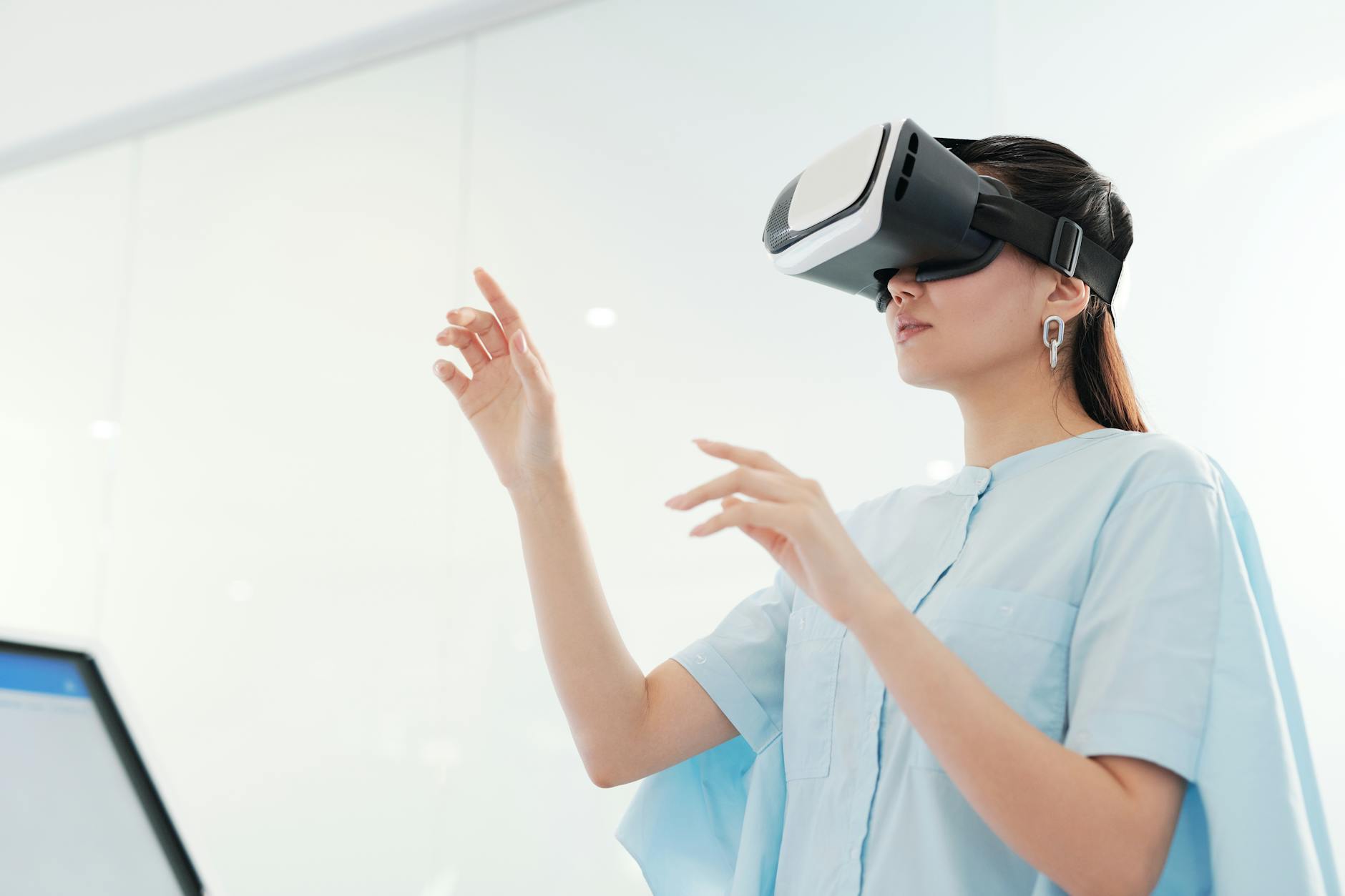 Person wearing AR glasses viewing digital overlay information in urban environment  