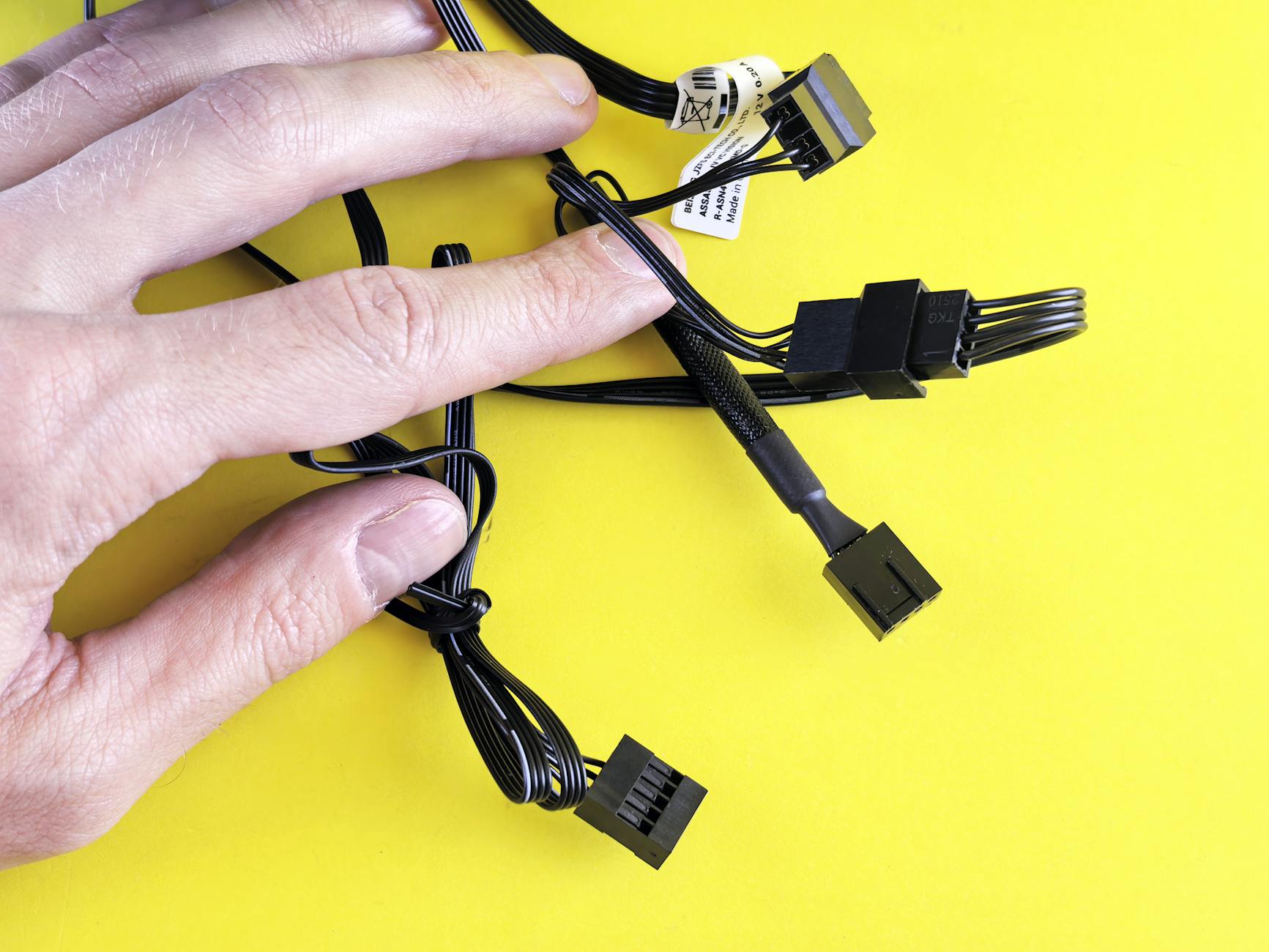 Close-up view of computer cables and connections inside PC case
