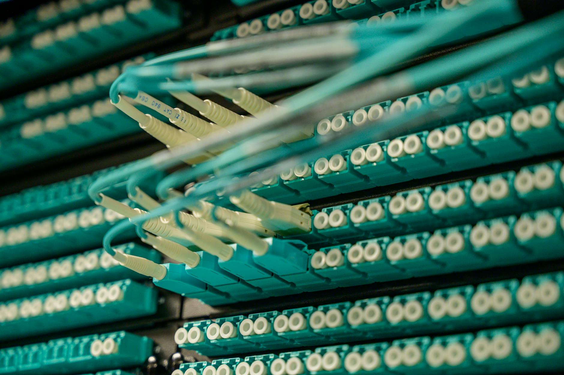 Professional networking equipment rack with routers and switches
