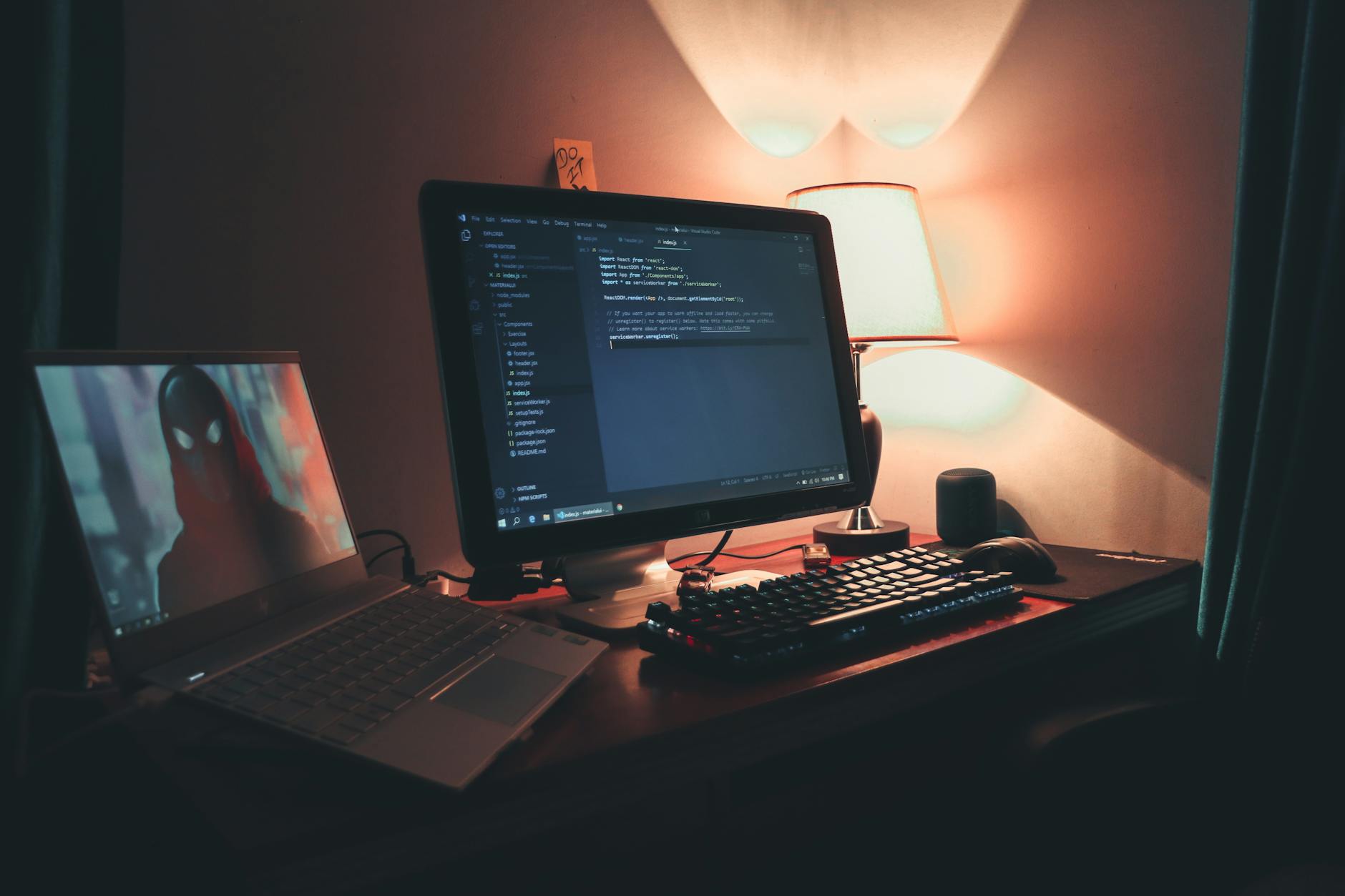 Clean modern workspace with laptop setup showing professional developer environment