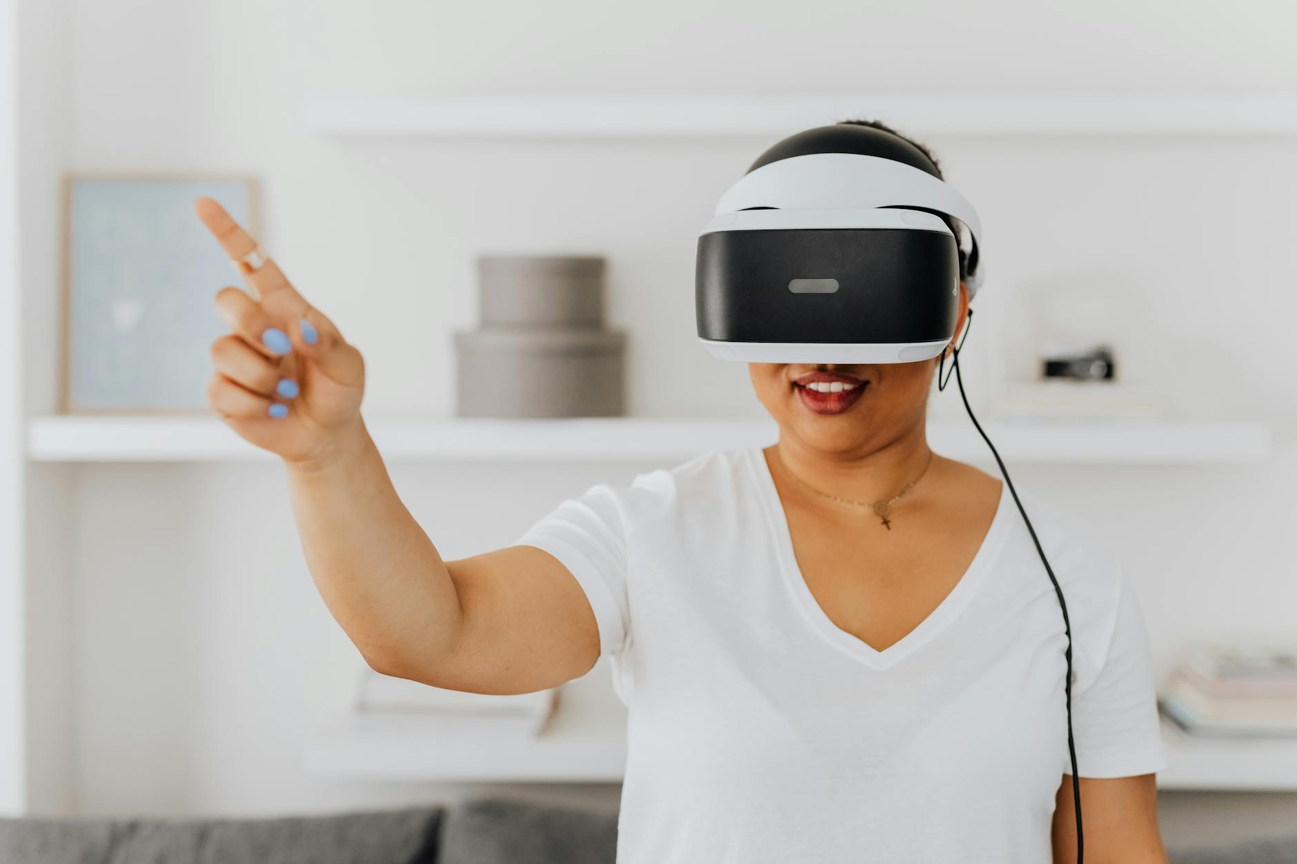 Person wearing AR glasses experiencing digital overlay technology in modern environment