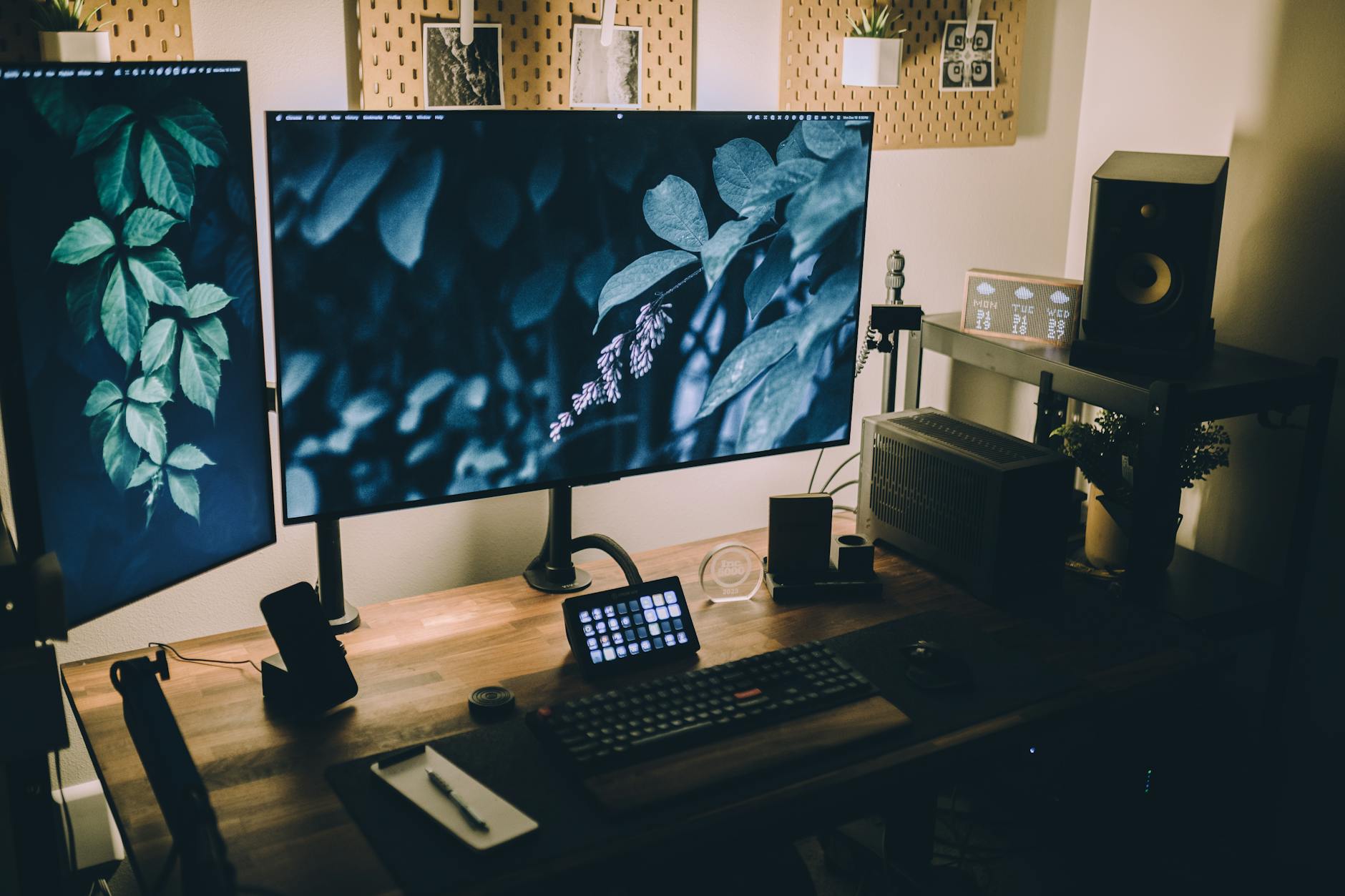 Modern creative workspace with multiple monitors displaying video editing timeline and color correction panels