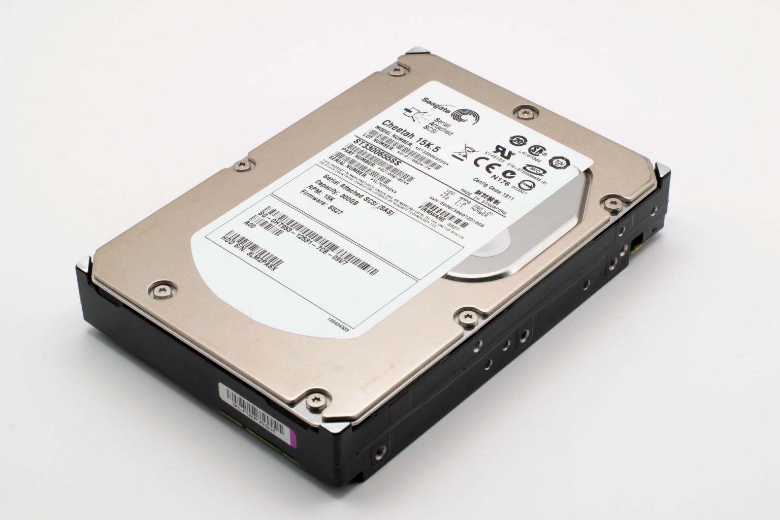 Multiple hard drives installed in a server rack showing storage hardware