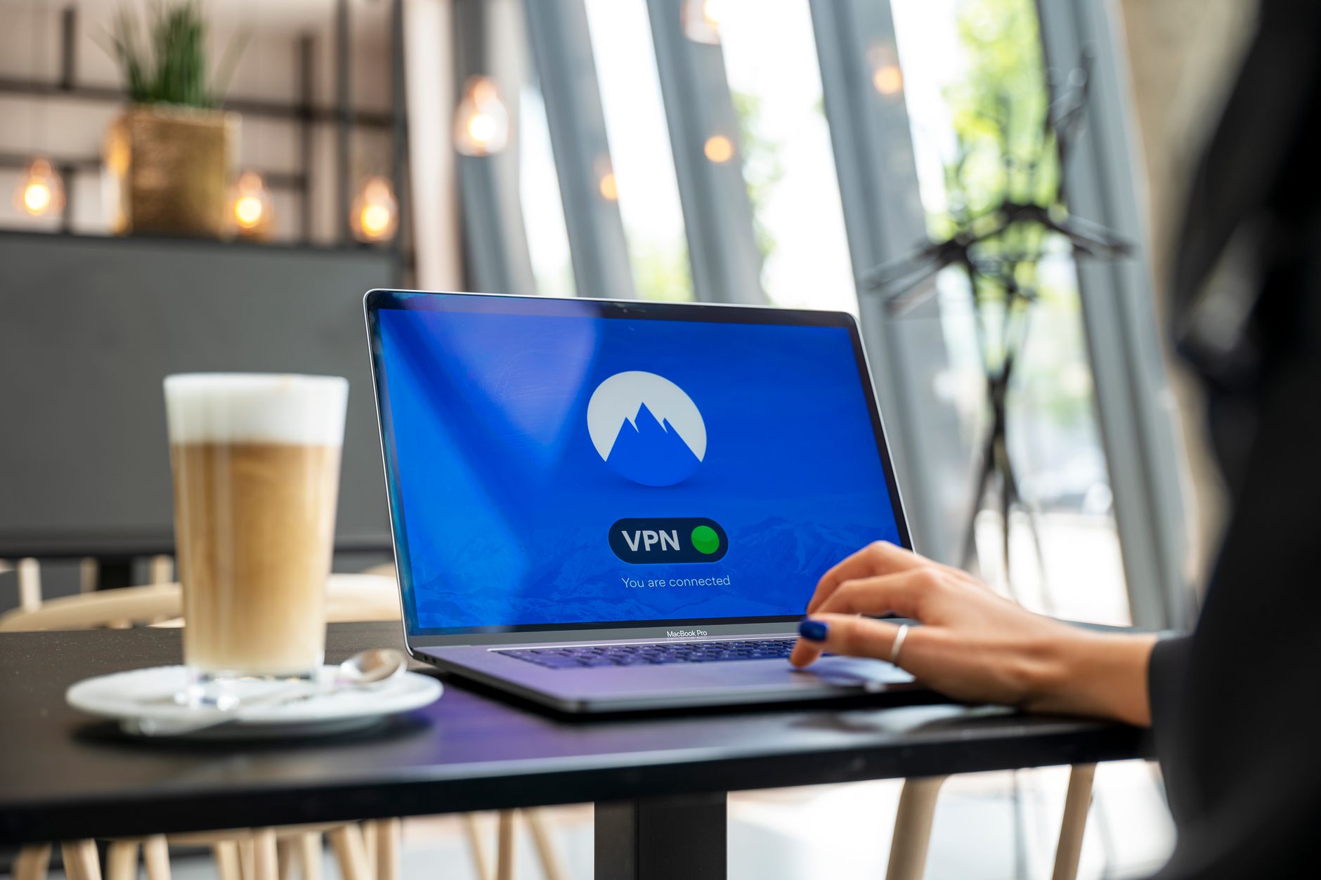 Laptop screen showing a secure VPN connection status indicator