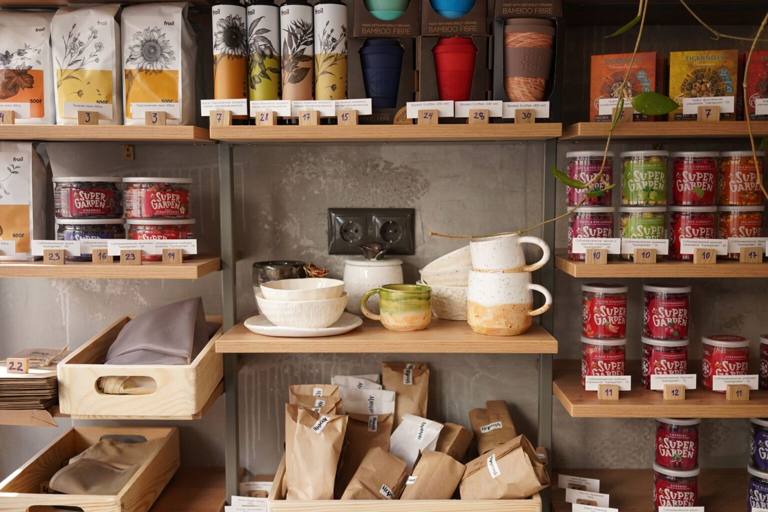 Organized pantry shelves with labeled containers and food products