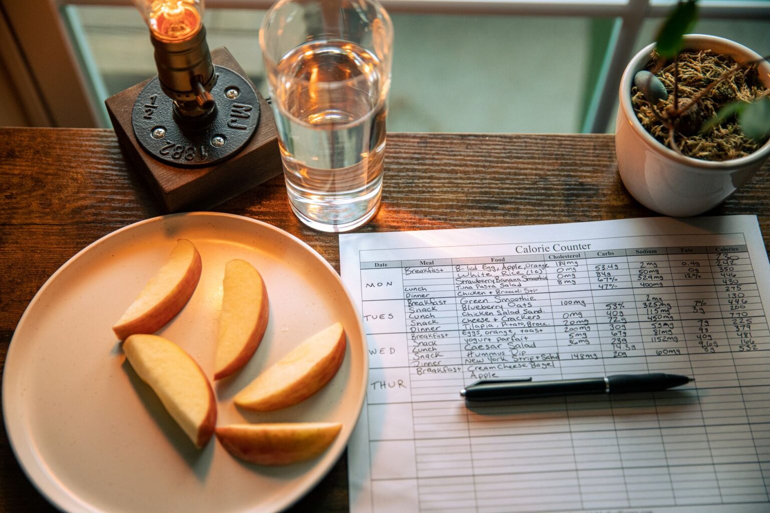 Organized kitchen counter with meal planning notes and fresh ingredients