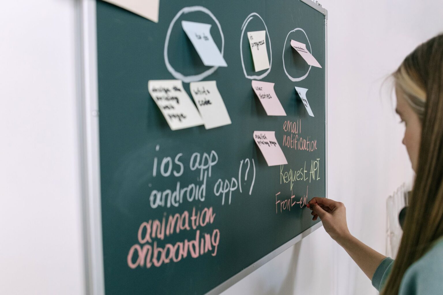 A physical kanban board with sticky notes organized in columns