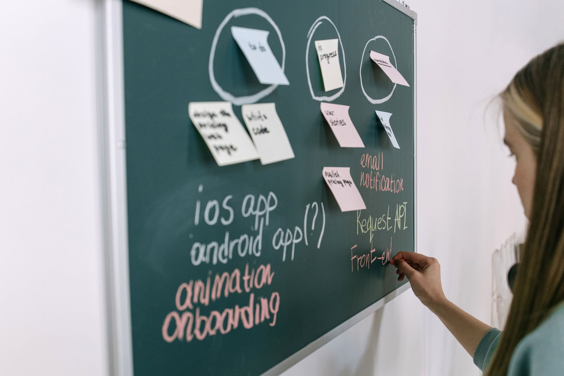 A physical kanban board with sticky notes organized in columns